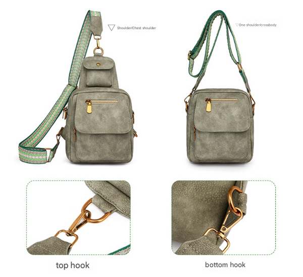 Khaki Stylish Pu Leather Sling Crossbody Bag Women Multi Pocket Chest Pack With Adjustable Wide Strap Women's Bags & Handbags