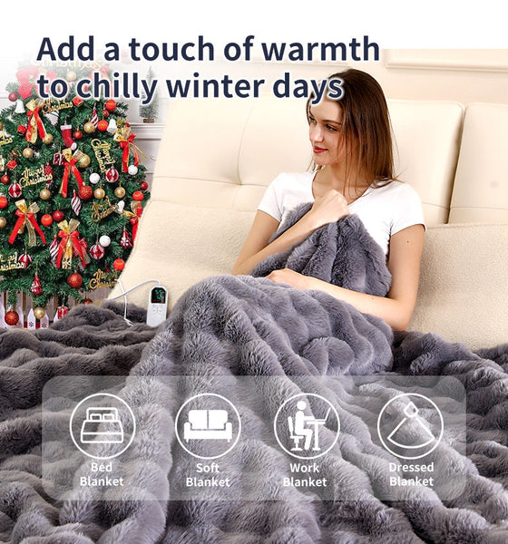 140*80Cm Grey Luxurious Faux Rabbit Fur Electric Heated Throw Blanket Cozy Warmer With 9 Settings & Timer (Au Plug) Blankets