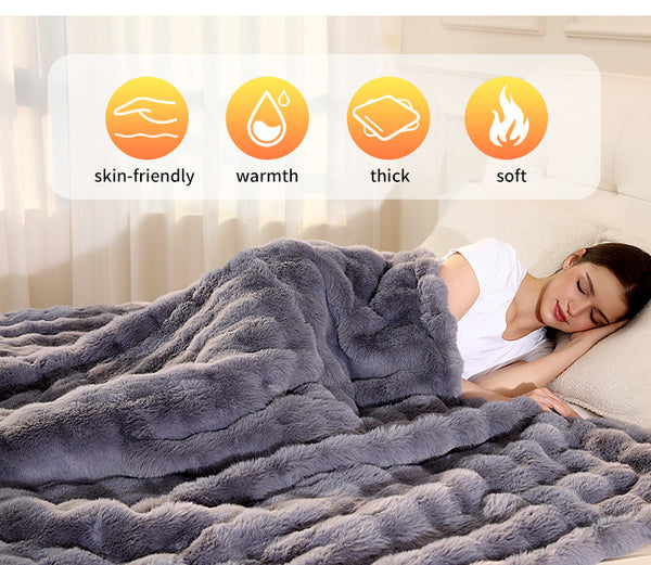 140*80Cm Grey Luxurious Faux Rabbit Fur Electric Heated Throw Blanket Cozy Warmer With 9 Settings & Timer (Au Plug) Blankets