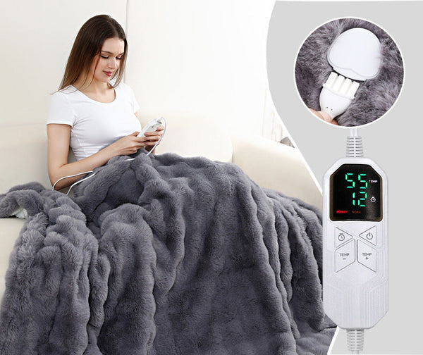 127*152Cm Grey Luxurious Faux Rabbit Fur Electric Heated Throw Blanket Cozy Warmer With 9 Settings & Timer (Au Plug) Blankets