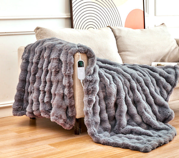 127*152Cm Grey Luxurious Faux Rabbit Fur Electric Heated Throw Blanket Cozy Warmer With 9 Settings & Timer (Au Plug) Blankets