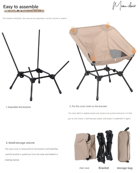 Black Lightweight Portable Camping Chair Adjustable Height Folding Moon With Breathable Mesh Carry Bag Camping Chairs