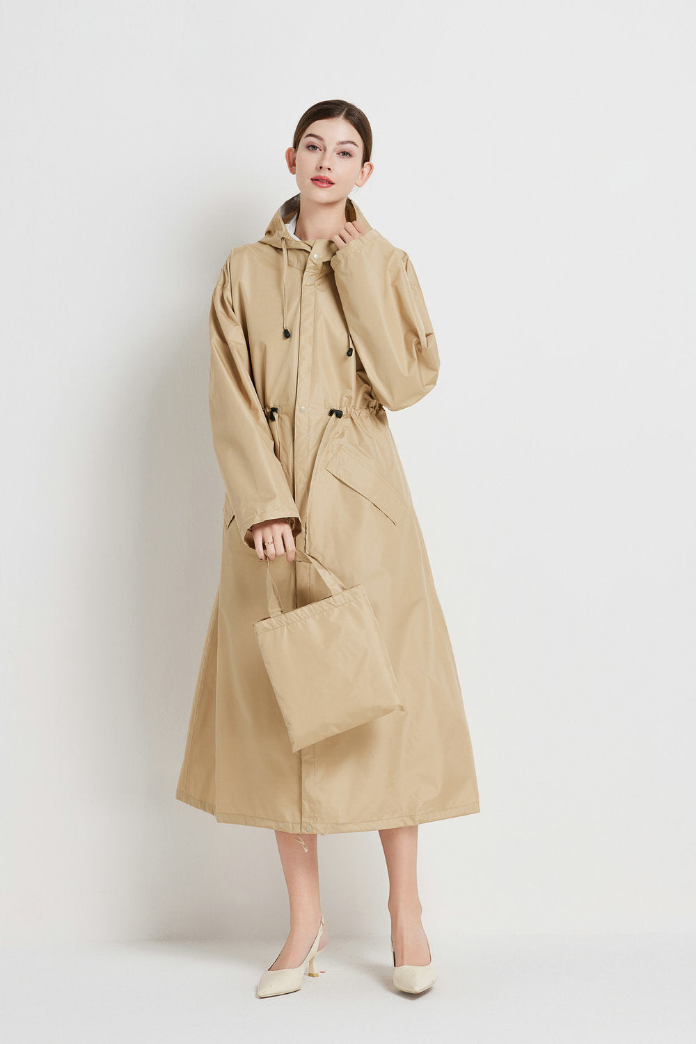 Size M Khaki Womens Chic Lightweight Waterproof Raincoat Long Hooded Packable Jacket With Pouch Coats Jackets & Vests