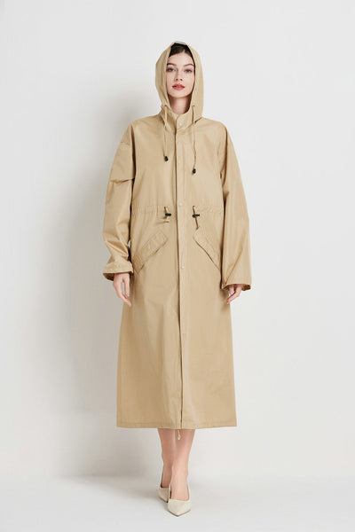 Size M Khaki Womens Chic Lightweight Waterproof Raincoat Long Hooded Packable Jacket With Pouch Coats Jackets & Vests