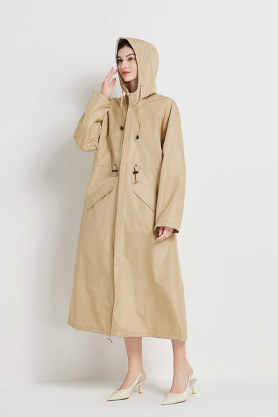 Size M Khaki Womens Chic Lightweight Waterproof Raincoat Long Hooded Packable Jacket With Pouch Coats Jackets & Vests