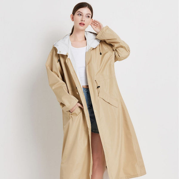 Size L Khaki Womens Chic Lightweight Waterproof Raincoat Long Hooded Packable Jacket With Pouch Coats Jackets & Vests