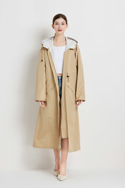 Size Xl Khaki Womens Chic Lightweight Waterproof Raincoat Long Hooded Packable Jacket With Pouch Coats Jackets & Vests