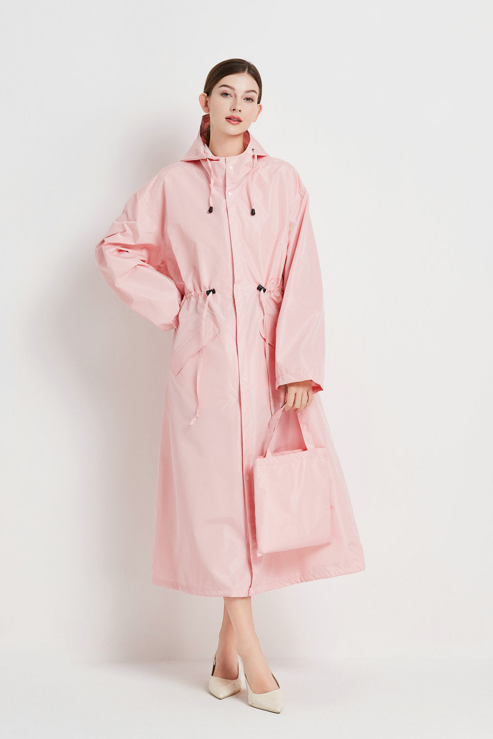 Size M Pink Womens Chic Lightweight Waterproof Raincoat Long Hooded Packable Jacket With Pouch Coats Jackets & Vests