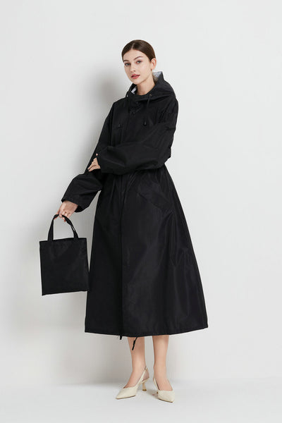 Size L Black Womens Chic Lightweight Waterproof Raincoat Long Hooded Packable Jacket With Pouch Coats Jackets & Vests