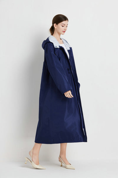 Size Xl Dark Blue Womens Chic Lightweight Waterproof Raincoat Long Hooded Packable Jacket With Pouch Coats Jackets & Vests