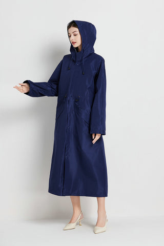 Size L Dark Blue Womens Chic Lightweight Waterproof Raincoat Long Hooded Packable Jacket With Pouch Coats Jackets & Vests