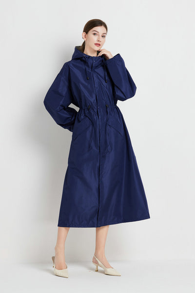 Size M Dark Blue Womens Chic Lightweight Waterproof Raincoat Long Hooded Packable Jacket With Pouch Coats Jackets & Vests