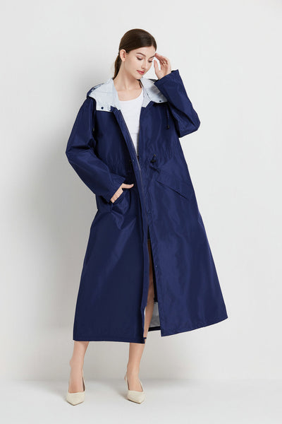 Size M Dark Blue Womens Chic Lightweight Waterproof Raincoat Long Hooded Packable Jacket With Pouch Coats Jackets & Vests