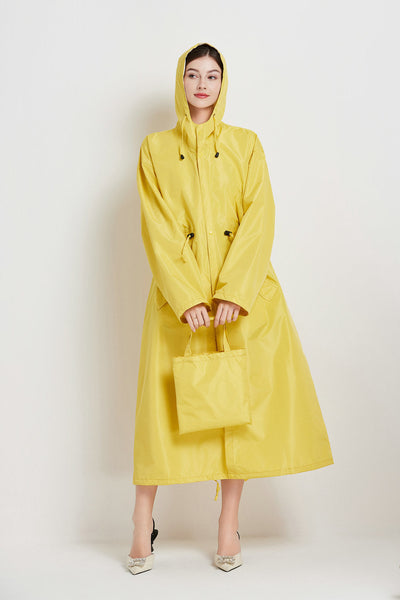 Size L Yellow Womens Chic Lightweight Waterproof Raincoat Long Hooded Packable Jacket With Pouch Coats Jackets & Vests
