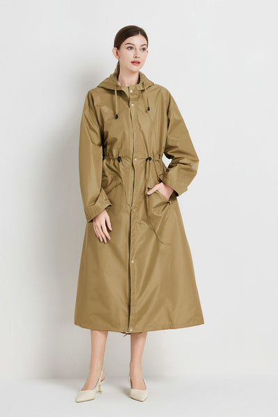 Size M Brown Women's Chic Lightweight Waterproof Raincoat Long Hooded Packable Jacket With Pouch Coats Jackets & Vests