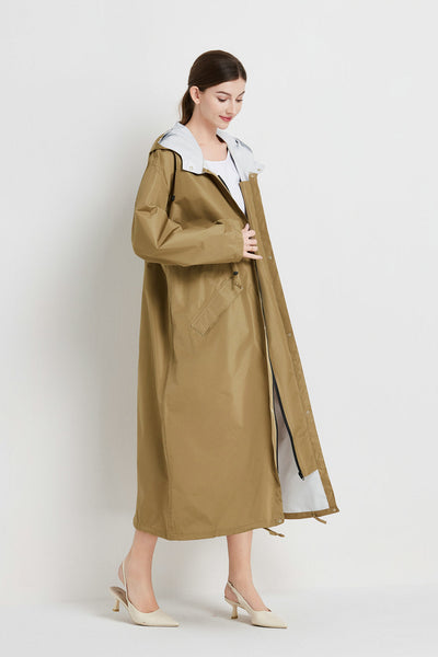 Size M Brown Women's Chic Lightweight Waterproof Raincoat Long Hooded Packable Jacket With Pouch Coats Jackets & Vests