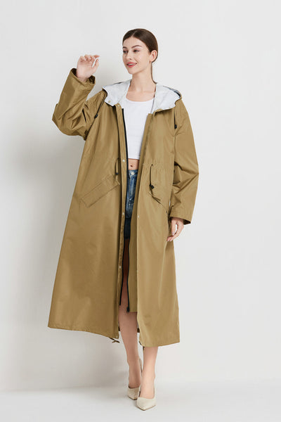Size L Brown Womens Chic Lightweight Waterproof Raincoat Long Hooded Packable Jacket With Pouch Coats Jackets & Vests