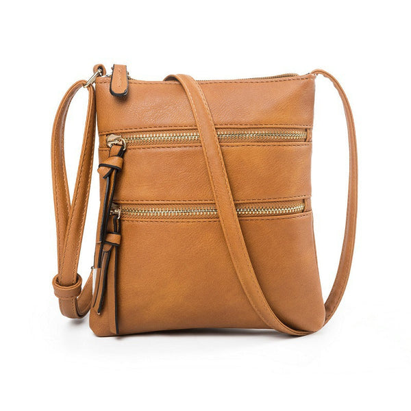 Brown Compact Women's Crossbody Bag Adjustable Strap Double Zipper Closure 18X21cm Lightweight Pu Leather Shoulder Women's Bags & Handbags