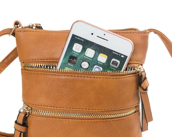 Brown Compact Women's Crossbody Bag Adjustable Strap Double Zipper Closure 18X21cm Lightweight Pu Leather Shoulder Women's Bags & Handbags