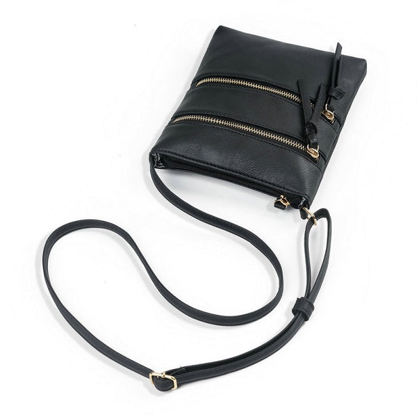 Black Compact Women's Crossbody Bag Adjustable Strap Double Zipper Closure 18X21cm Lightweight Pu Leather Shoulder Women's Bags & Handbags
