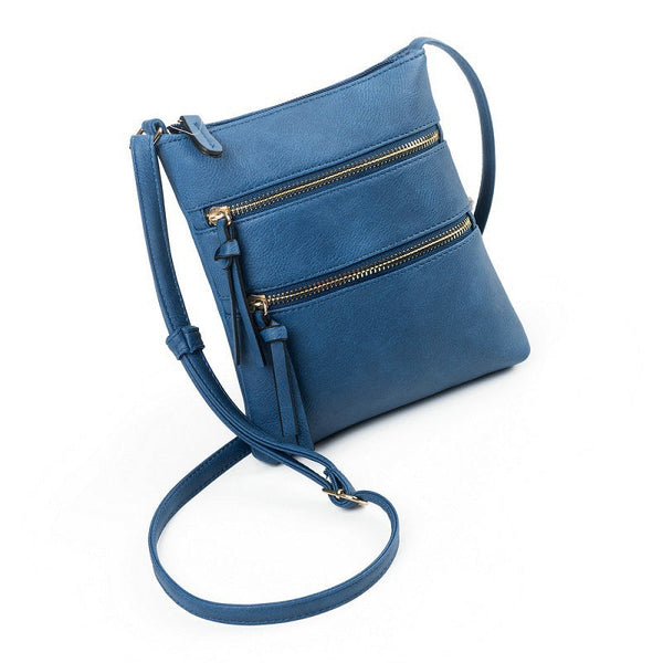 Dark Blue Compact Women's Crossbody Bag Adjustable Strap Double Zipper Closure 18X21cm Lightweight Pu Leather Shoulder Women's Bags & Handbags