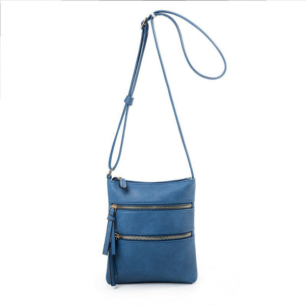 Dark Blue Compact Women's Crossbody Bag Adjustable Strap Double Zipper Closure 18X21cm Lightweight Pu Leather Shoulder Women's Bags & Handbags