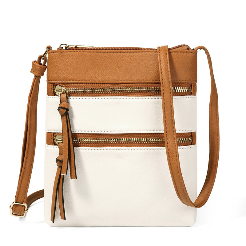 Brown And White Compact Women's Crossbody Bag Adjustable Strap Double Zipper Closure 18X21cm Lightweight Pu Leather Shoulder Women's Bags & Handbags