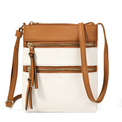 Brown And White Compact Women's Crossbody Bag Adjustable Strap Double Zipper Closure 18X21cm Lightweight Pu Leather Shoulder Women's Bags & Handbags