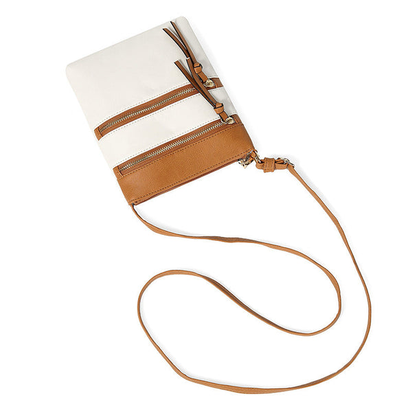 Brown And White Compact Women's Crossbody Bag Adjustable Strap Double Zipper Closure 18X21cm Lightweight Pu Leather Shoulder Women's Bags & Handbags