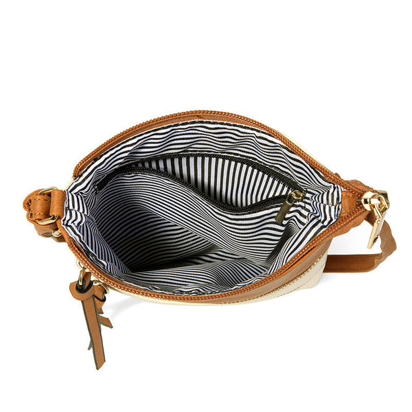 Brown And White Compact Women's Crossbody Bag Adjustable Strap Double Zipper Closure 18X21cm Lightweight Pu Leather Shoulder Women's Bags & Handbags