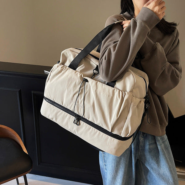 Grey And Black Large Capacity Travel Bag With Wet/Dry Separation Canvas + Polyester Lightweight Handbag For Short Trips Fitness Fits On Luggage Women'