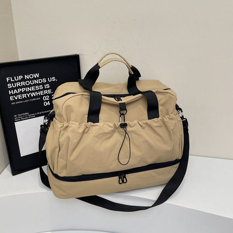 Khaki And Black Large Capacity Travel Bag With Wet/Dry Separation Canvas + Polyester Lightweight Handbag For Short Trips Fitness Fits On Luggage Women