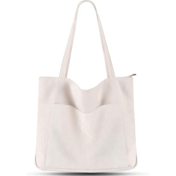 White Stylish Corduroy Canvas Tote Bag Fashionable And Retro Shoulder Women's Bags & Handbags