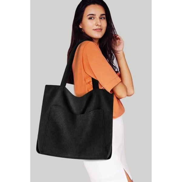 White Stylish Corduroy Canvas Tote Bag Fashionable And Retro Shoulder Women's Bags & Handbags