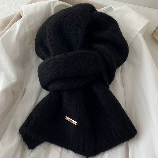 Black Alpaca Wool Blend Solid Color Knitted Scarf For Women Winter New Style Student High Quality Couple Woolen Neck Warmer Scarves & Wraps