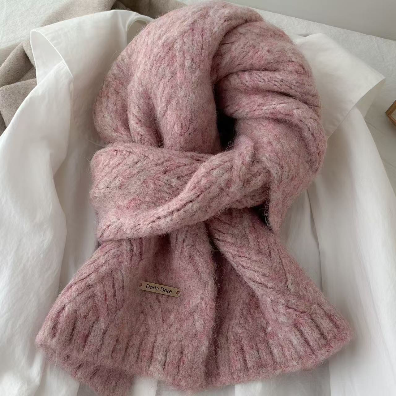 Pink Alpaca Wool Blend Solid Color Knitted Scarf For Women Winter New Style Student High Quality Couple Woolen Neck Warmer Scarves & Wraps