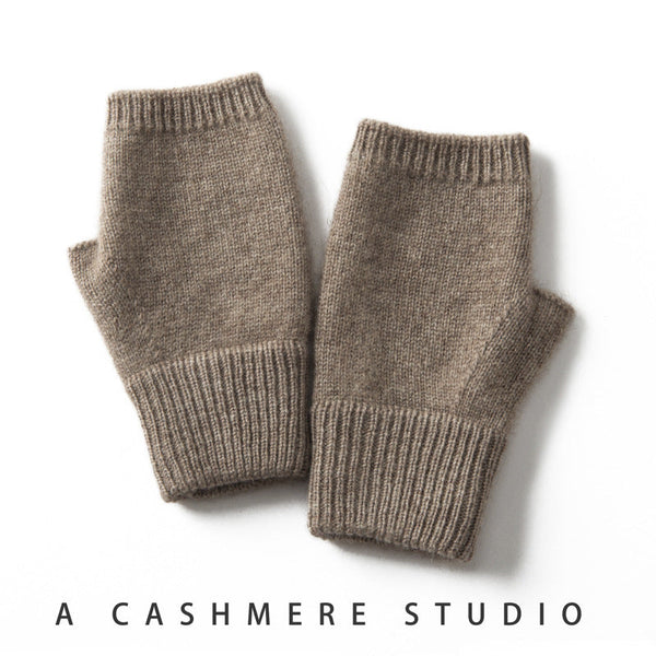 Brown Color Block Cashmere Fingerless Gloves For Women Autumn Winter Outdoor Cold Protection Warm Knitted Gloves & Mittens