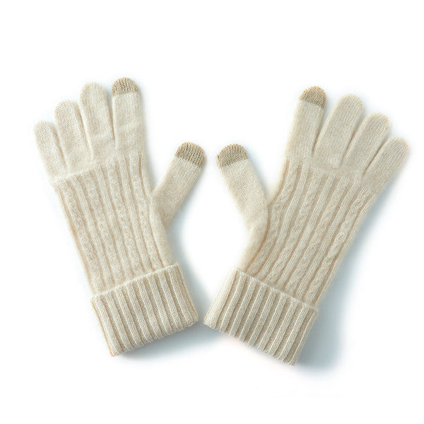 Beige Unisex Touchscreen Ribbed Warm Cycling Windproof Knitted Five Finger Gloves