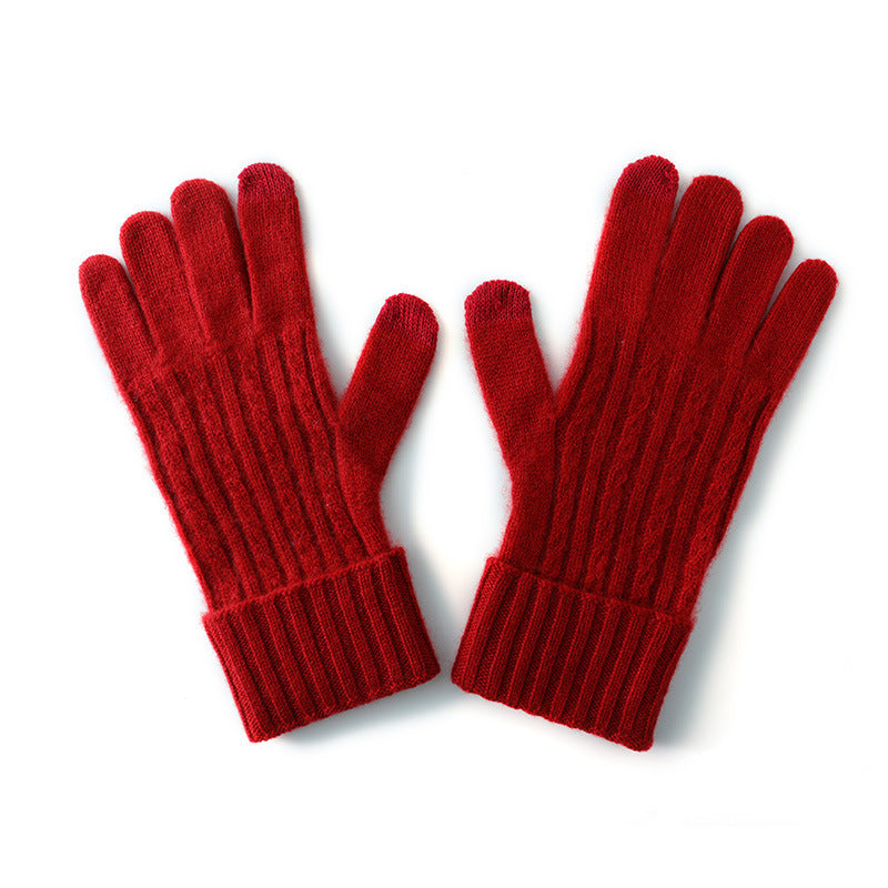Red Unisex Touchscreen Ribbed Warm Cycling Windproof Knitted Five Finger Gloves