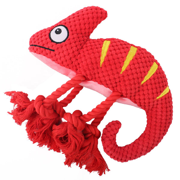 2 Pcs Red Interactive Plush Chameleon Dog Toy With Squeaker & Rope Legs Durable Chew For Medium/Large Dogs Teeth Cleaning Texture Machine Washable (10