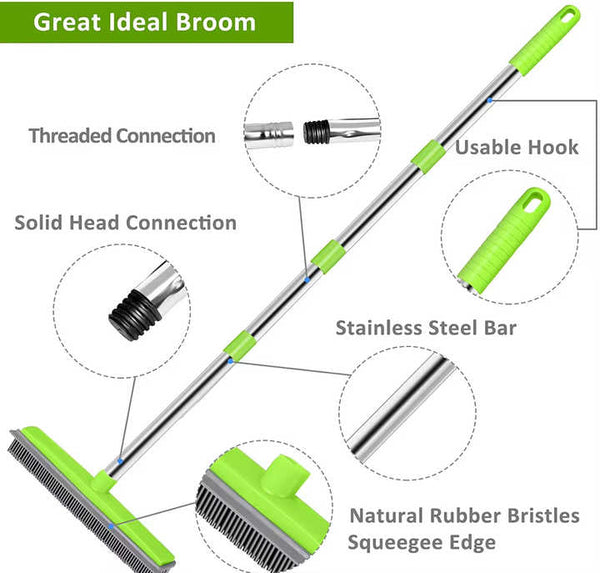 Green And Silver Versatile Pet Hair Remover Rubber Broom & Squeegee 125Cm Adjustable Stainless Steel Handle For Carpets Floors Windows Carpet & Floor