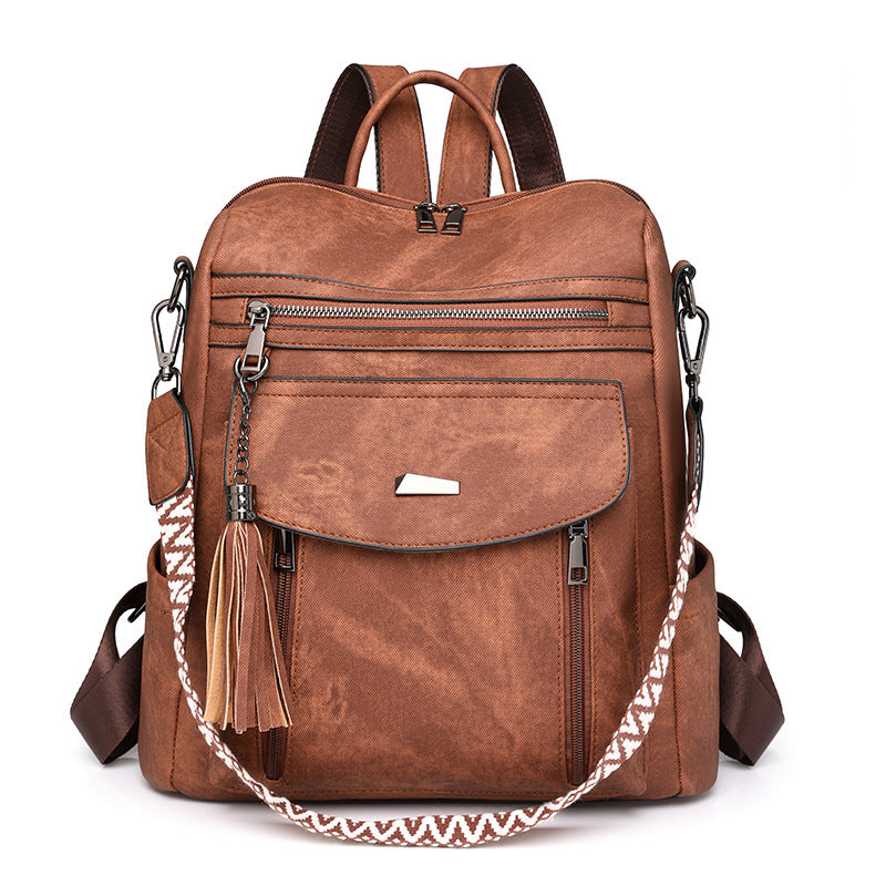 Brown Chic Women's Pu Leather Convertible Backpack Anti Theft Design Multi Pocket Shoulder Bag With Tassel Women Backpacks