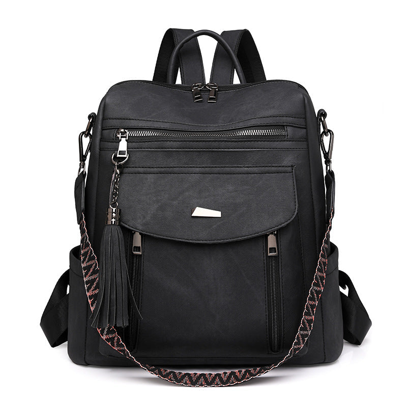 Black Chic Women's Pu Leather Convertible Backpack Anti Theft Design Multi Pocket Shoulder Bag With Tassel Women Backpacks