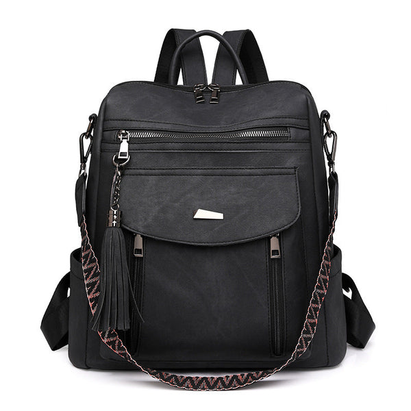 Black Chic Women's Pu Leather Convertible Backpack Anti Theft Design Multi Pocket Shoulder Bag With Tassel Women Backpacks