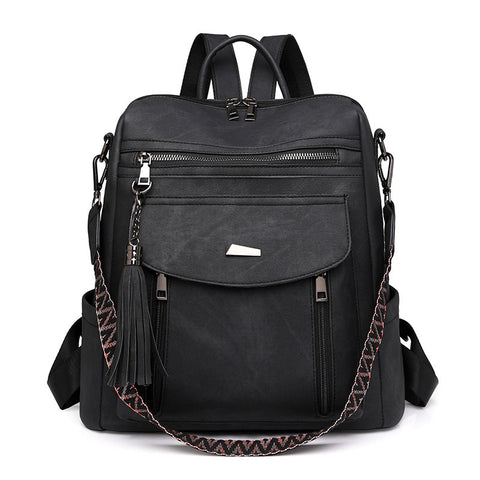 Black Chic Women's Pu Leather Convertible Backpack Anti Theft Design Multi Pocket Shoulder Bag With Tassel Women Backpacks