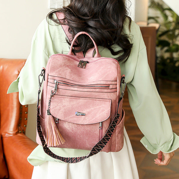 Pink Chic Women's Pu Leather Convertible Backpack Anti Theft Design Multi Pocket Shoulder Bag With Tassel Women Backpacks