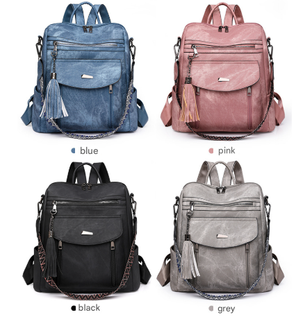 Pink Chic Women's Pu Leather Convertible Backpack Anti Theft Design Multi Pocket Shoulder Bag With Tassel Women Backpacks