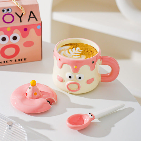 Pink Adorable Cartoon Character Ceramic Mug Set 420Ml With Fun Cake Design Lid Matching Spoon Perfect Gift Cups Mugs & Glasses