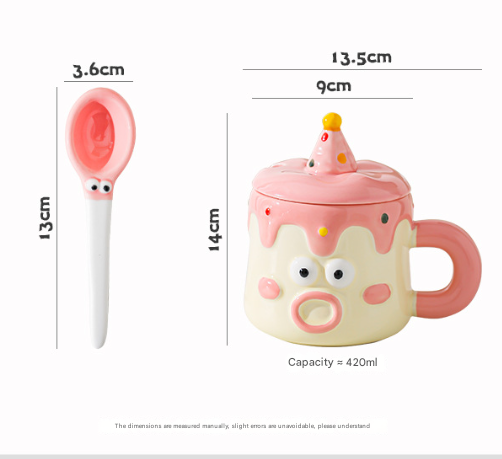 Pink Adorable Cartoon Character Ceramic Mug Set 420Ml With Fun Cake Design Lid Matching Spoon Perfect Gift Cups Mugs & Glasses