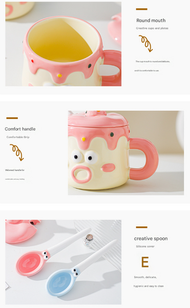 Pink Adorable Cartoon Character Ceramic Mug Set 420Ml With Fun Cake Design Lid Matching Spoon Perfect Gift Cups Mugs & Glasses